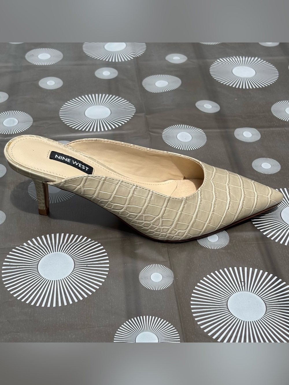 Nine West Taupe Croc-Embossed Angle Pointed Toe Slip-On Heeled Mules - Picture 14 of 16